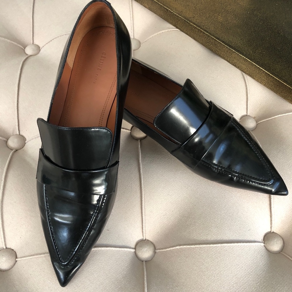 SOLD Celine Fall 2014 Pointed Toe Black Patent Loafer Flats 37.5 Old Celine Logo - Picture 1 of 12